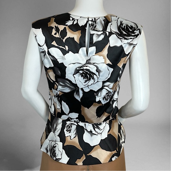 White House Black Market Black and Cream Floral Peplum Blouse - Picture 4 of 6